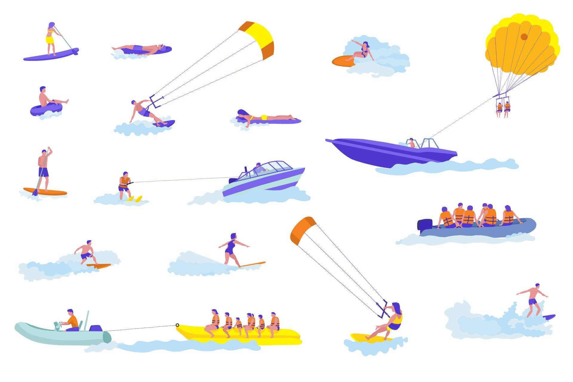 Wassersport Cartoon Vektor Illustrationen Set