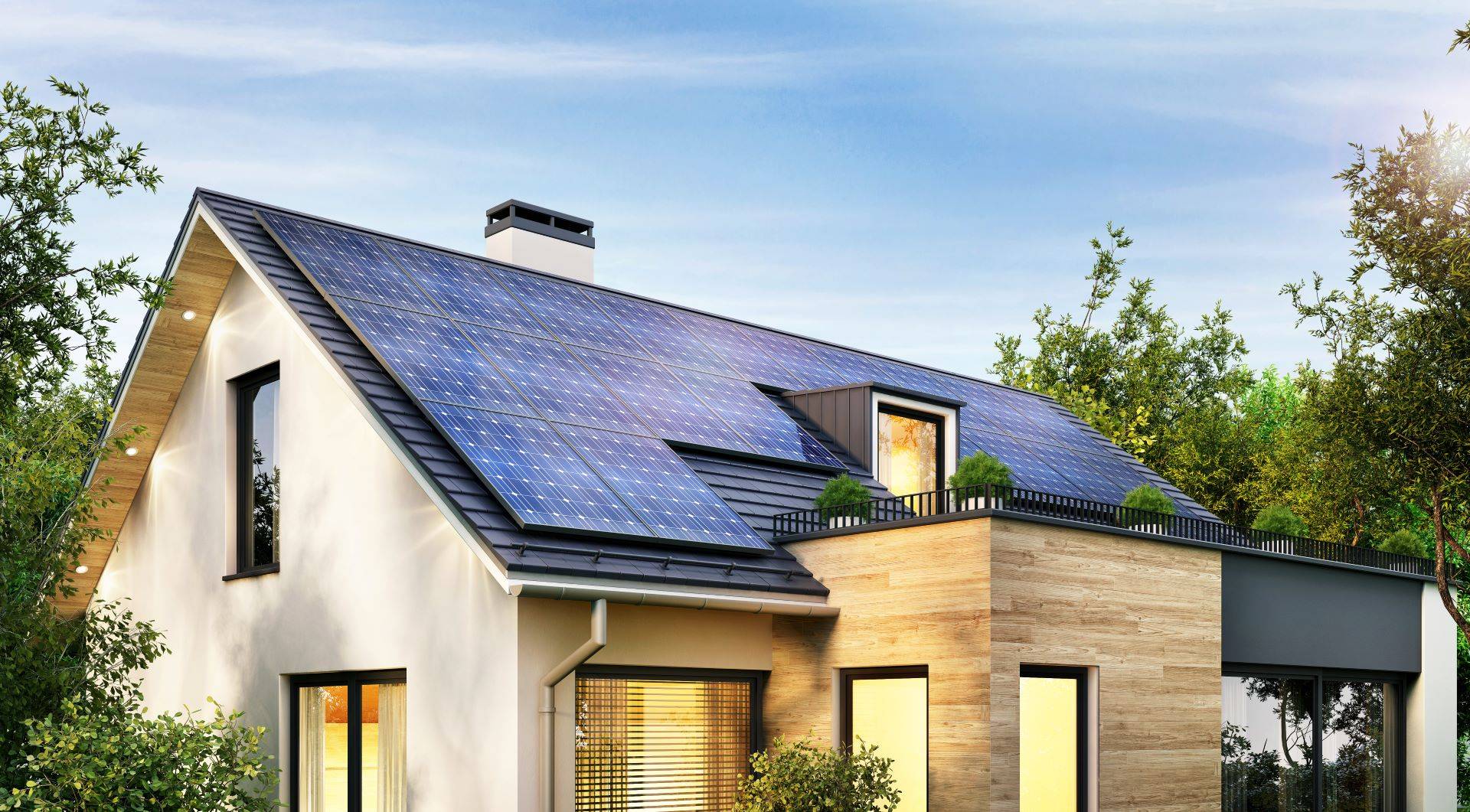 Ein modernes Haus in Leipzig mit installierter Photovoltaikanlage auf dem Dach, um nachhaltige Energie zu nutzen