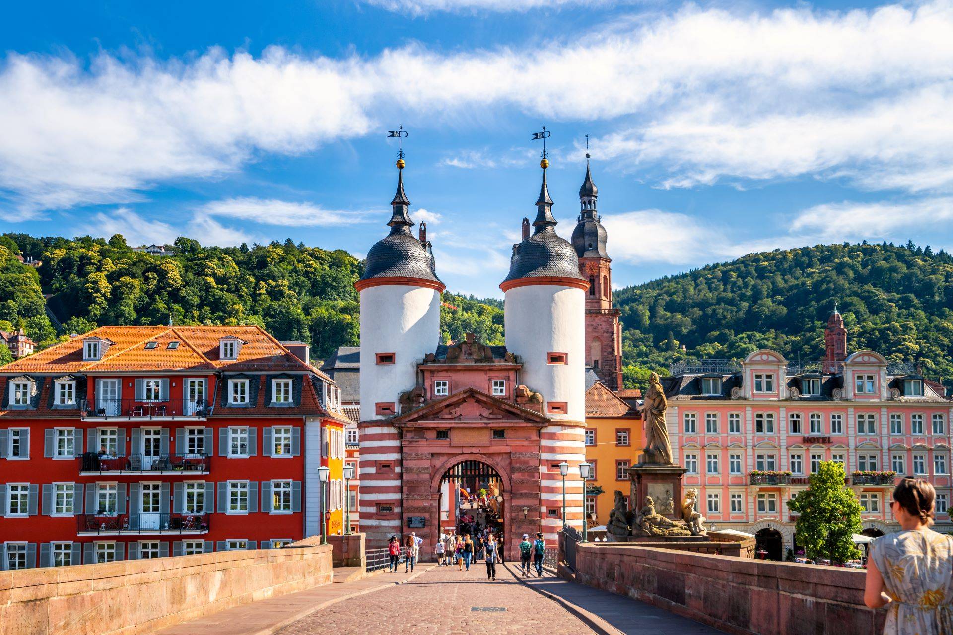 Alte Brücke in Heidelberg mit historischen Gebäuden.