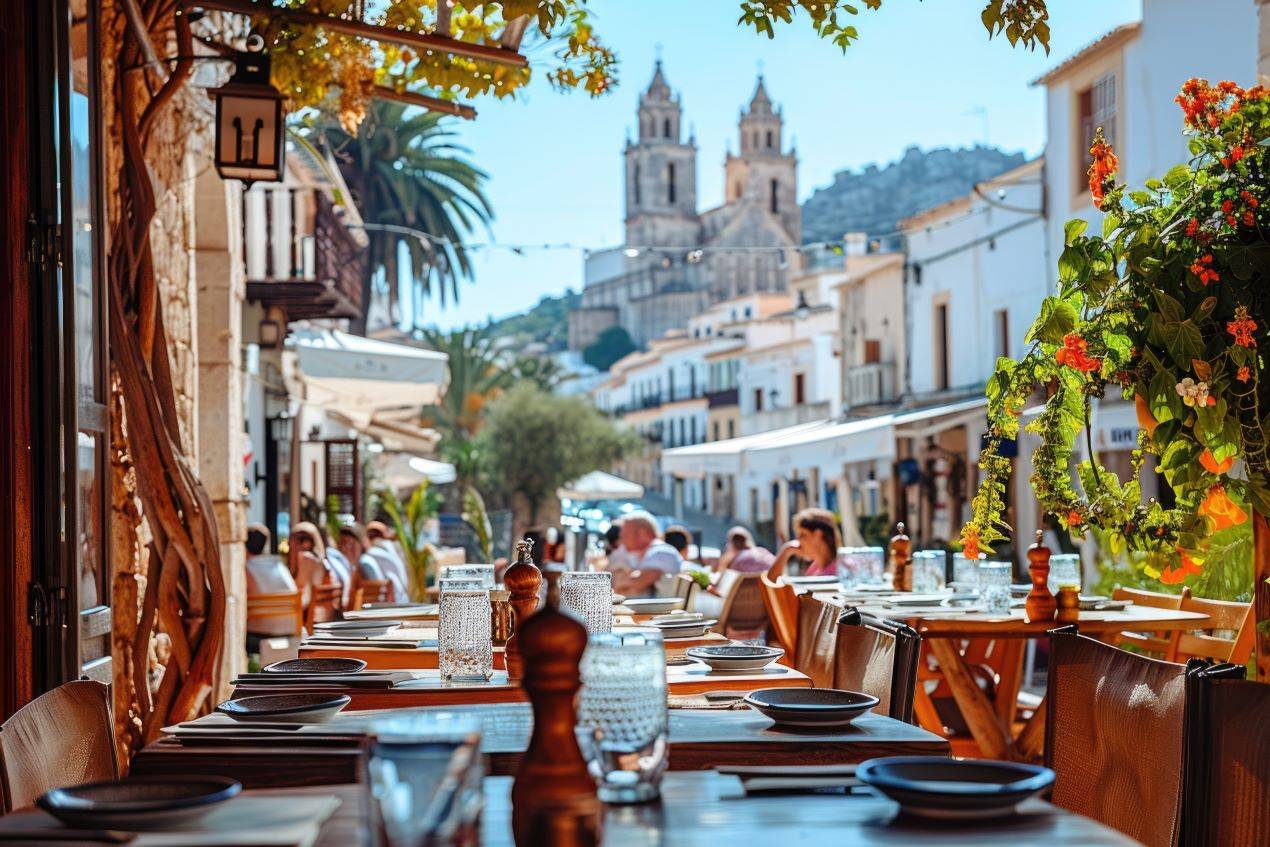 Außenbereich eines Ibiza Restaurant Geheimtipps in einer malerischen Gasse, mit Blick auf eine historische Kirche und mediterraner Atmosphäre.