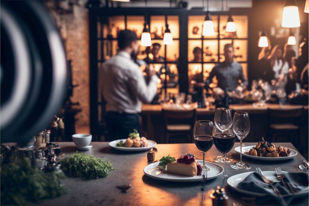 Ein stilvoll gedeckter Tisch in einem Ibiza Restaurant Geheimtipp mit Weingläsern und Gourmetgerichten, im Hintergrund ein gemütliches, warm beleuchtetes Restaurant mit Gästen.